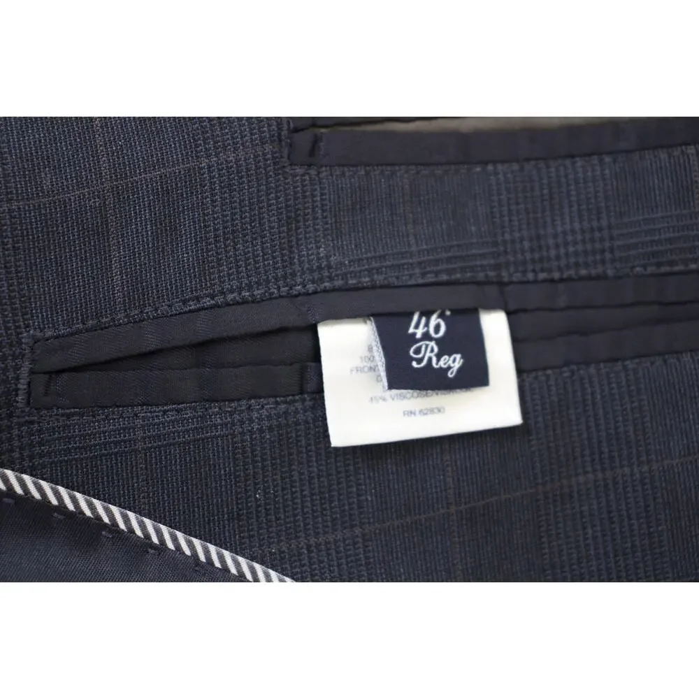 Lands' End‎ Blazer Mens 46R Navy Blue Plaid 100% Wool Tailored Fit 2-Buttons